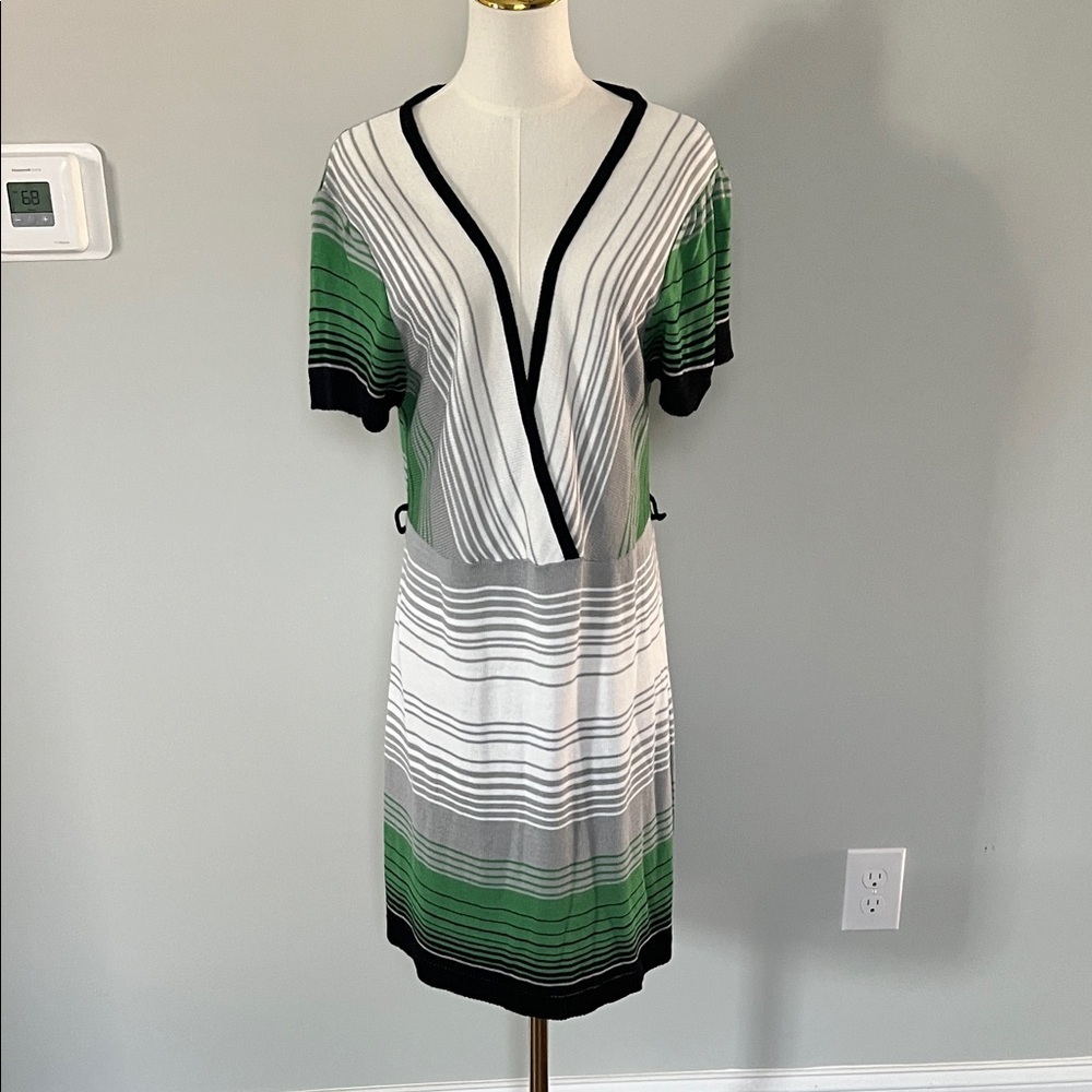 Ashley Stewart Green, White & Gray Striped Wrap-Style Midi Dress